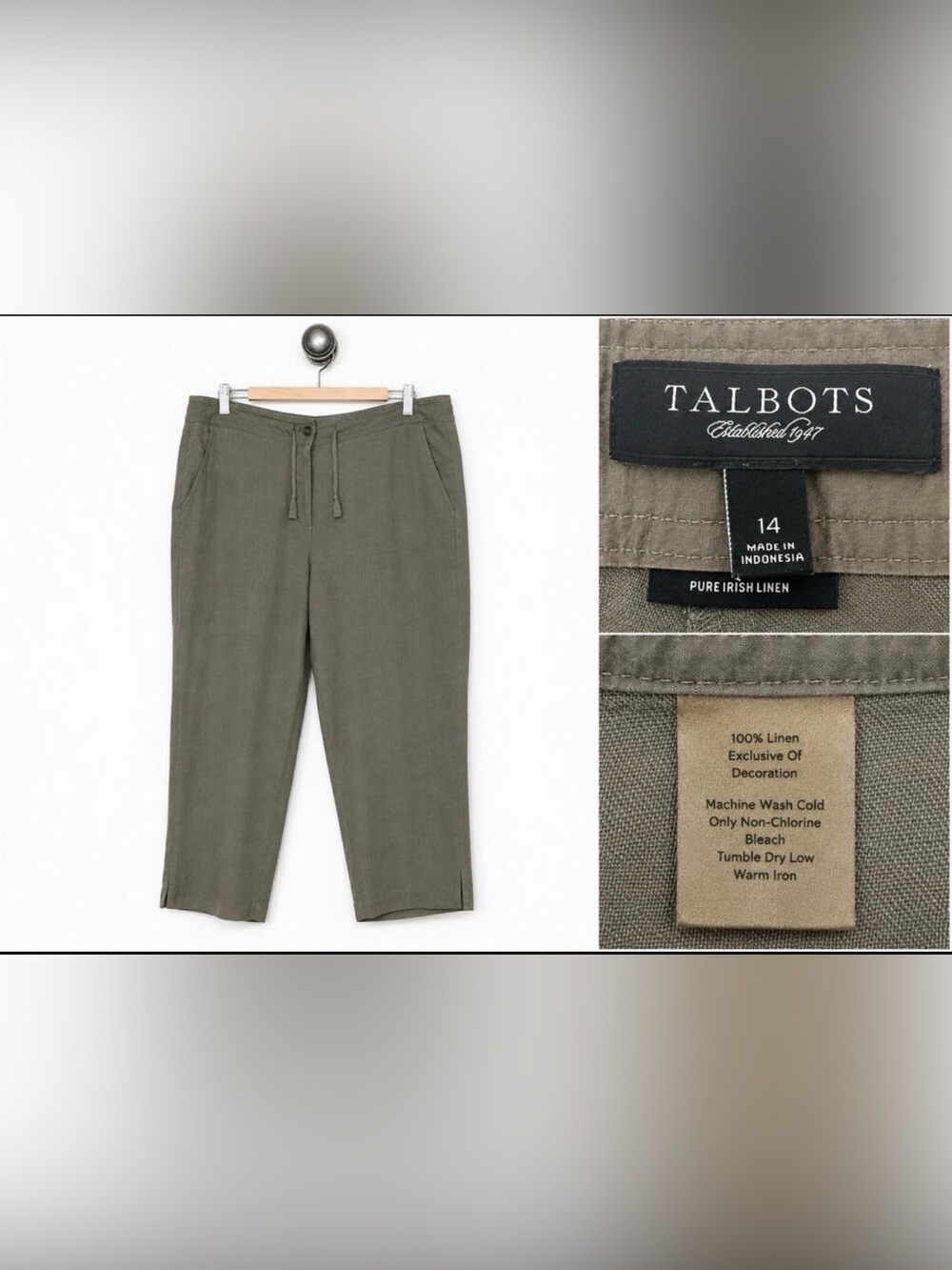 Talbots Pure Irish Linen Wide Leg Cropped Pants Women's Size 14 Olive Green